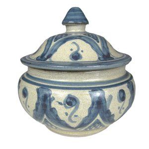 Jewelry Trinket Box Vanity Jar Lidded Signed Hand Painted Terra-cotta  Blue 4 in